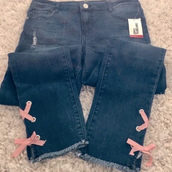 EPIC Threads Junior Mid Rise Denim Blue Distressed Stretch Skinny Jeans - Picture 5 of 16